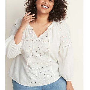 Old Navy | Plus Size Tie Back Embroidered Blouse Calla Lily 2X NWT